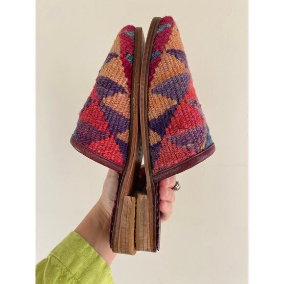 Turkish kilim tapestry carpet mules wool leather geometric size 35/36 5-6 US - Picture 6 of 7